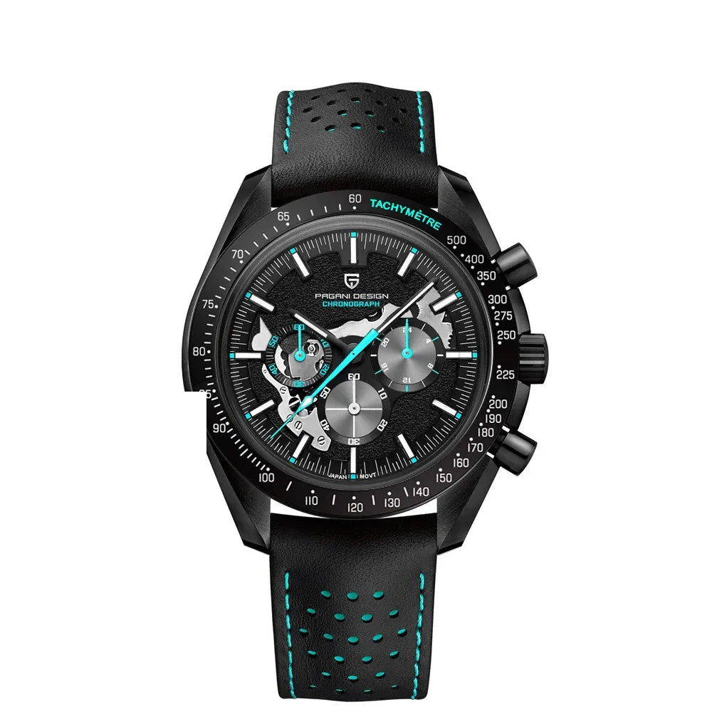 Chronographe squelette noir, bracelet cuir — Noir et turquoise