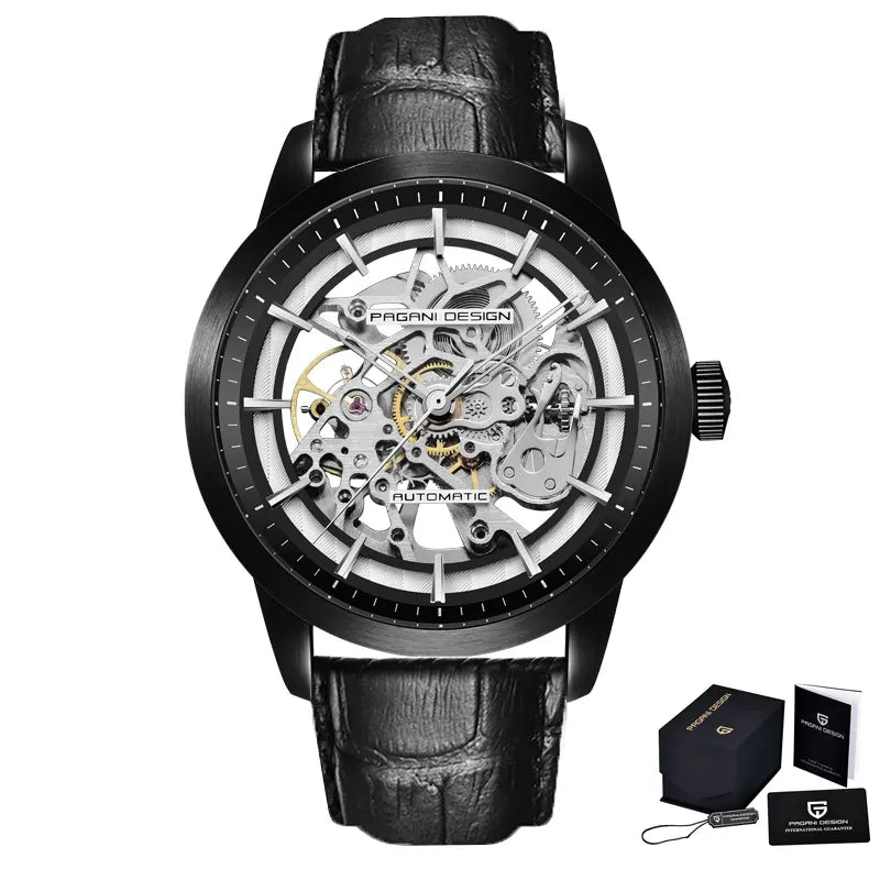 Montre squelette automatique, bracelet cuir — Tout noir