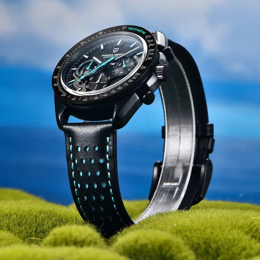 Chronographe squelette noir, bracelet cuir