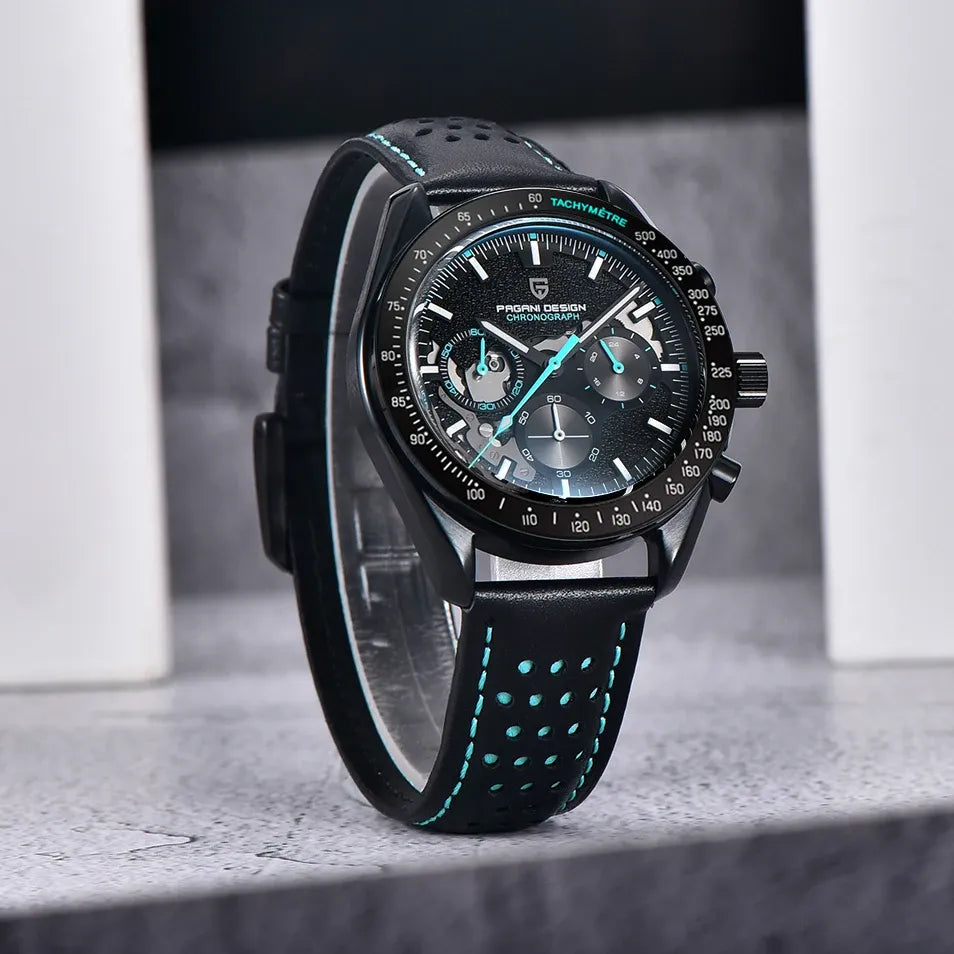 Chronographe squelette noir, bracelet cuir