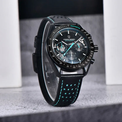 Chronographe squelette noir, bracelet cuir