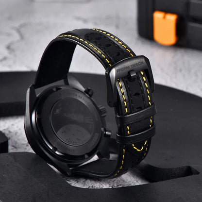 Chronographe squelette noir, bracelet cuir