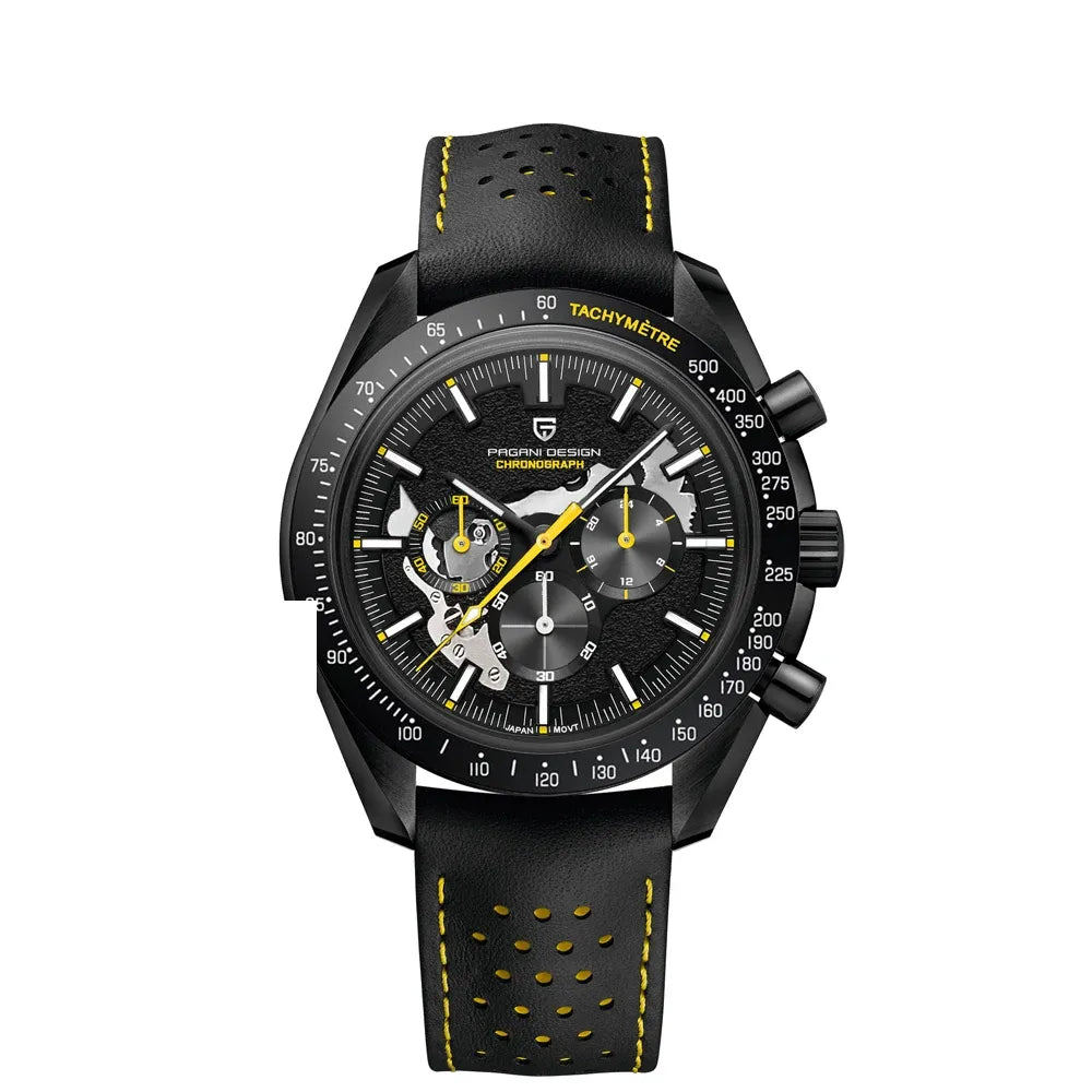 Chronographe squelette noir, bracelet cuir — Noir et jaune