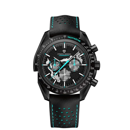 Chronographe squelette noir, bracelet cuir — Noir et turquoise