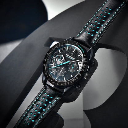 Chronographe squelette noir, bracelet cuir