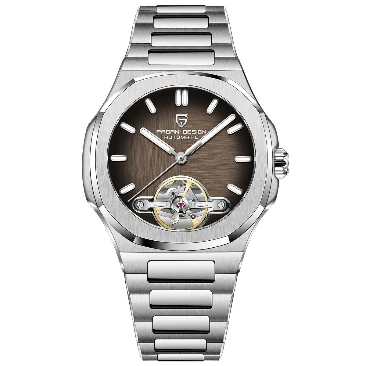 Montre automatique cœur ouvert, bracelet acier — Brun fumé
