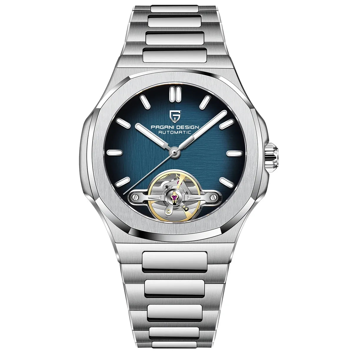 Montre automatique cœur ouvert, bracelet acier — Bleu canard