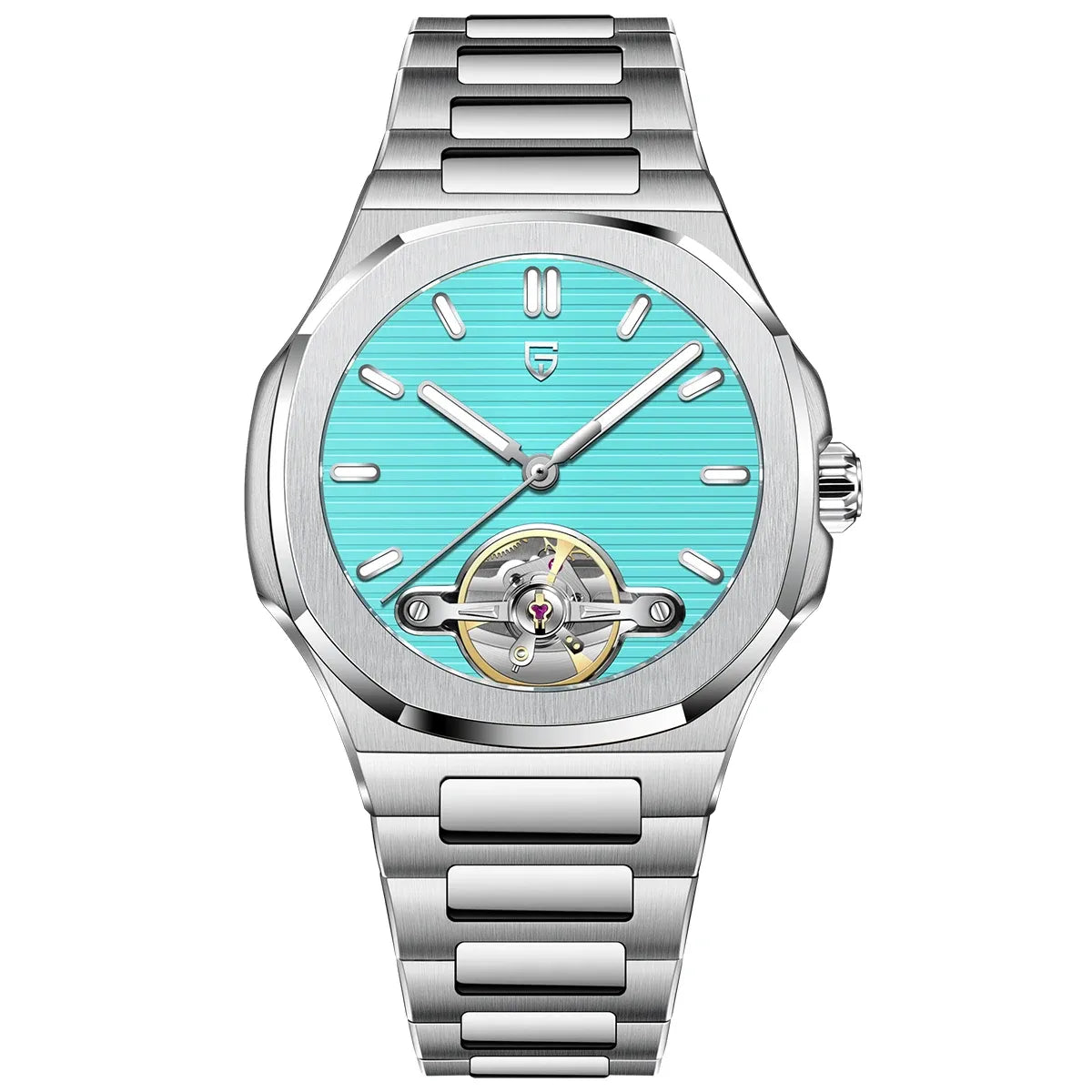 Montre automatique cœur ouvert, bracelet acier — Bleu turquoise