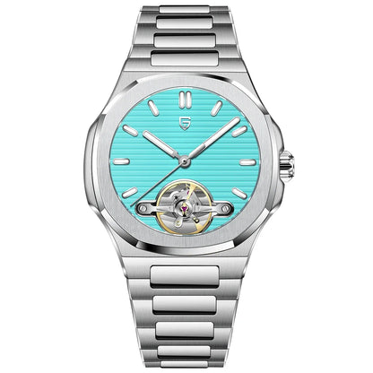 Montre automatique cœur ouvert, bracelet acier — Bleu turquoise