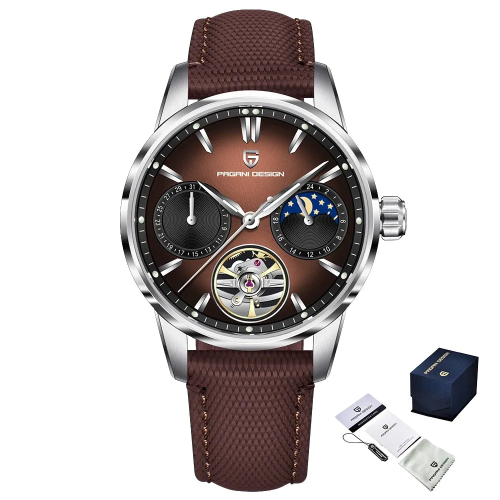 Montre automatique phase de lune 41 mm — Brun, boîtier argent
