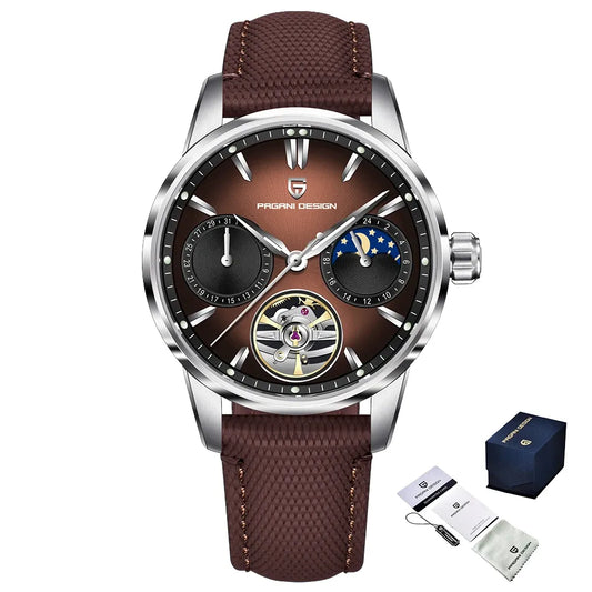 Montre automatique phase de lune 41 mm — Brun, boîtier argent