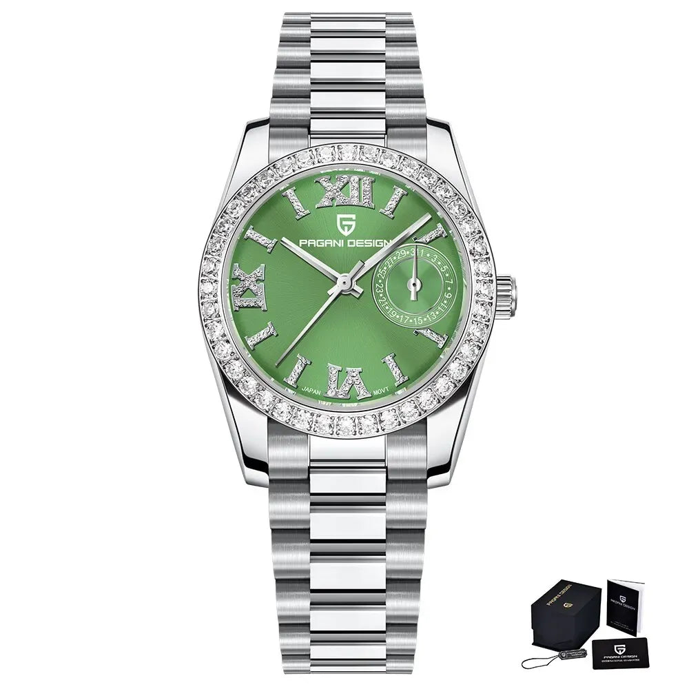 Montre femme 32 mm, lunette sertie — Vert amande