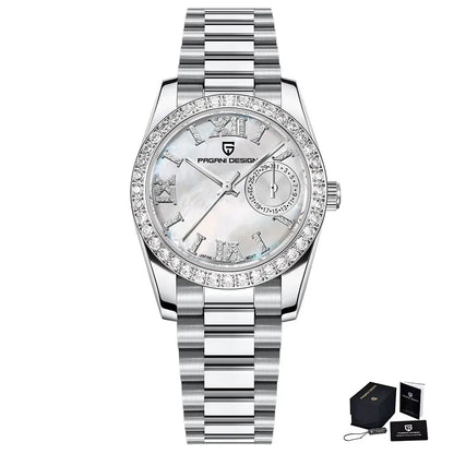 Montre femme 32 mm, lunette sertie — Nacré