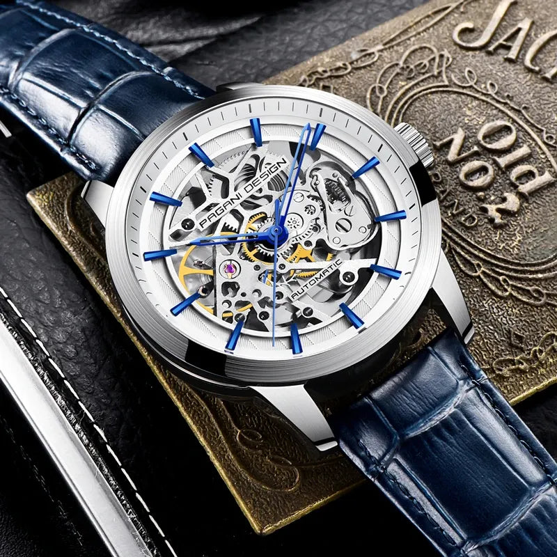 Montre squelette automatique, bracelet cuir