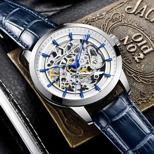 Montre squelette automatique, bracelet cuir