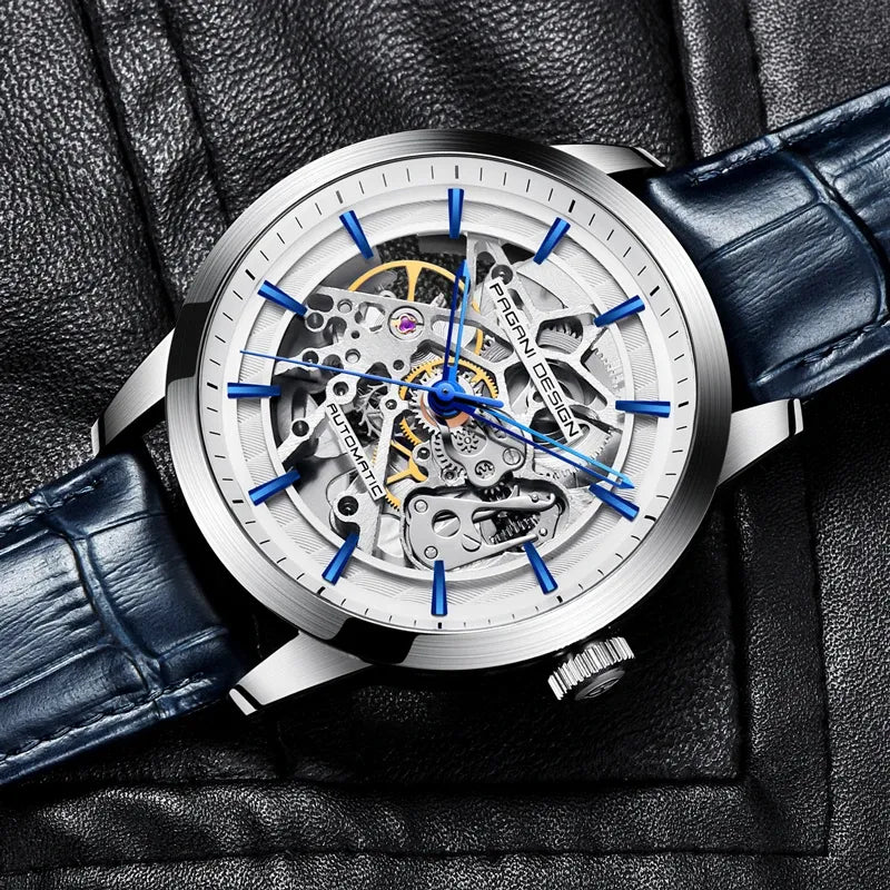 Montre squelette automatique, bracelet cuir