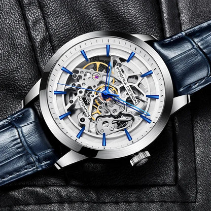 Montre squelette automatique, bracelet cuir