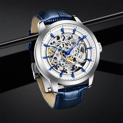 Montre squelette automatique, bracelet cuir