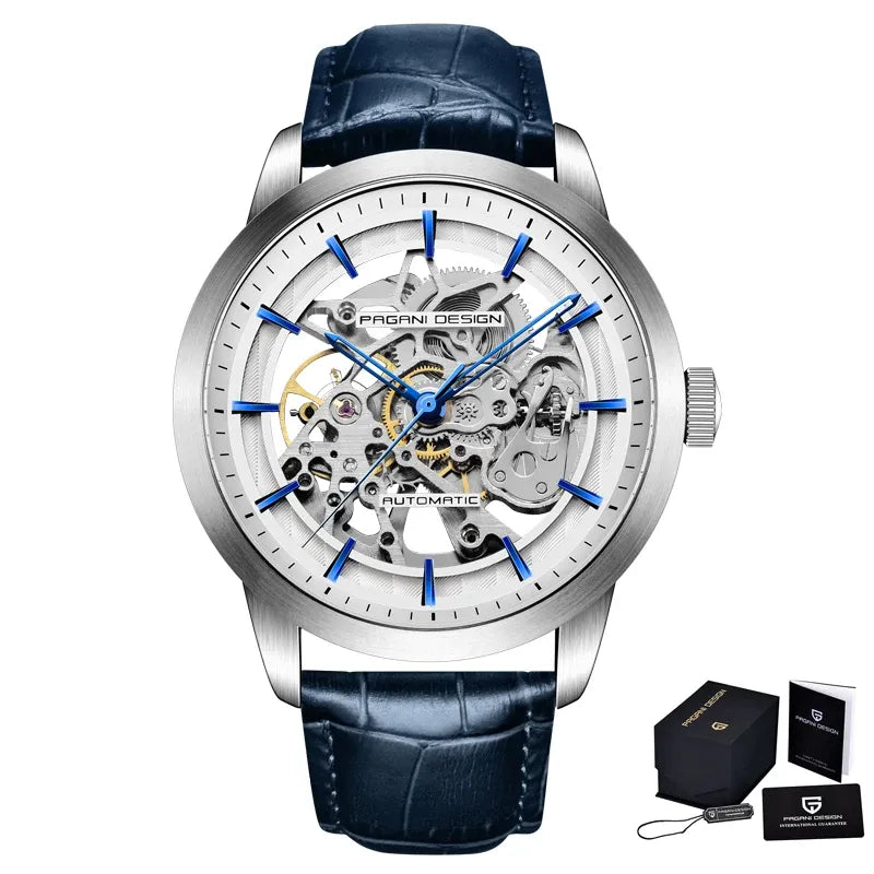 Montre squelette automatique, bracelet cuir — Argent, cuir bleu