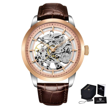 Montre squelette automatique, bracelet cuir — Or rose, cuir marron