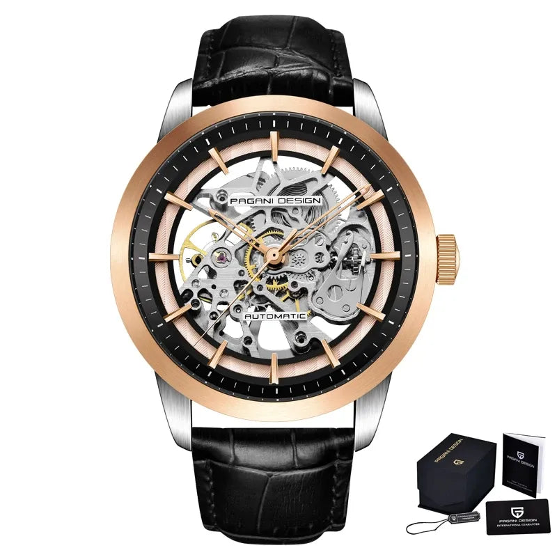 Montre squelette automatique, bracelet cuir — Or rose, cuir noir