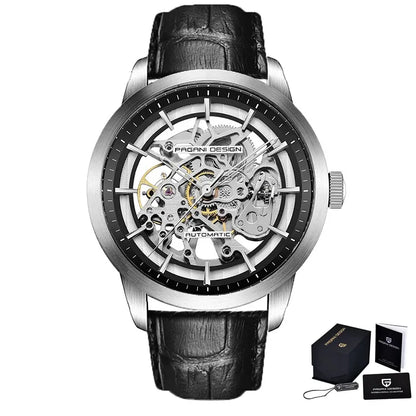 Montre squelette automatique, bracelet cuir — Argent, cuir noir