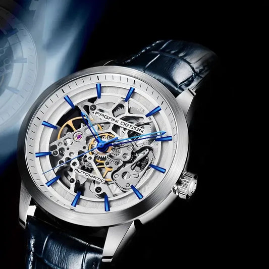 Montre squelette automatique, bracelet cuir