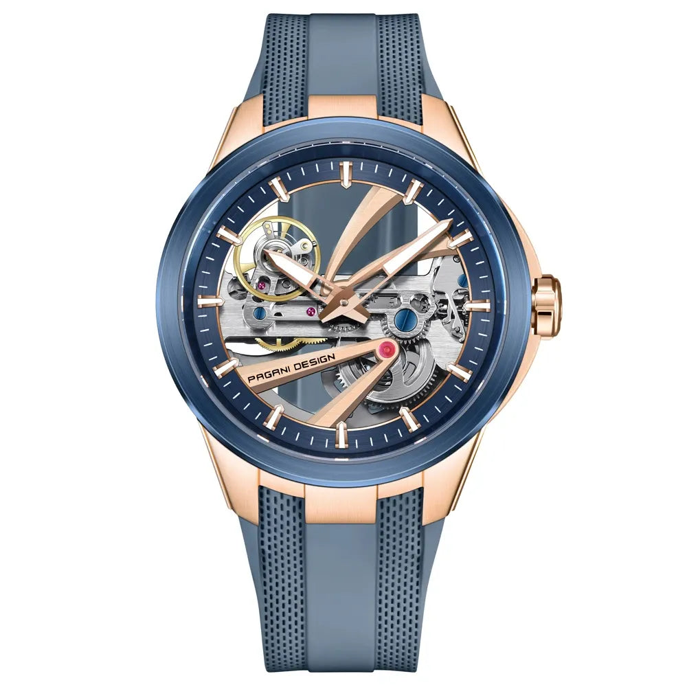 Montre squelette automatique sport 42 mm — Bleu et or rose