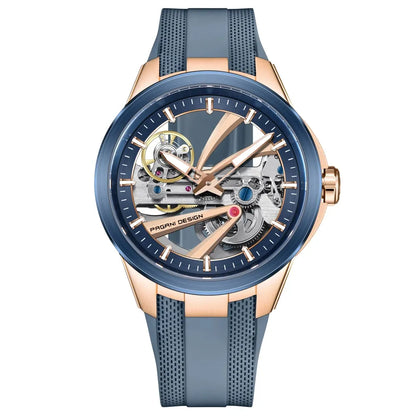 Montre squelette automatique sport 42 mm — Bleu et or rose